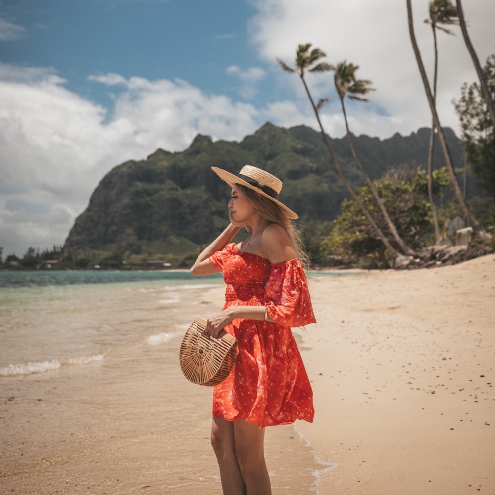 Red Off-Shoulder Dress with Straw Hat